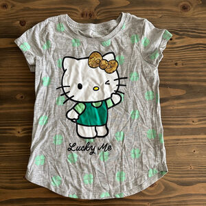 Girls Hello Kitty Gray Green Shamrock Lucky Me Tee Size 6X Kawaii CS